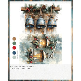 Redesign With Prima TWILIGHT NESTING A4 Decoupage Fibre Paper | Rustic Silver Bells, Doves in Lanterns, Winter Christmas Craft Sheet UK