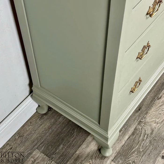 Detail of shaped feet on Arcadia Pear mahogany chest by Belton & Bumble