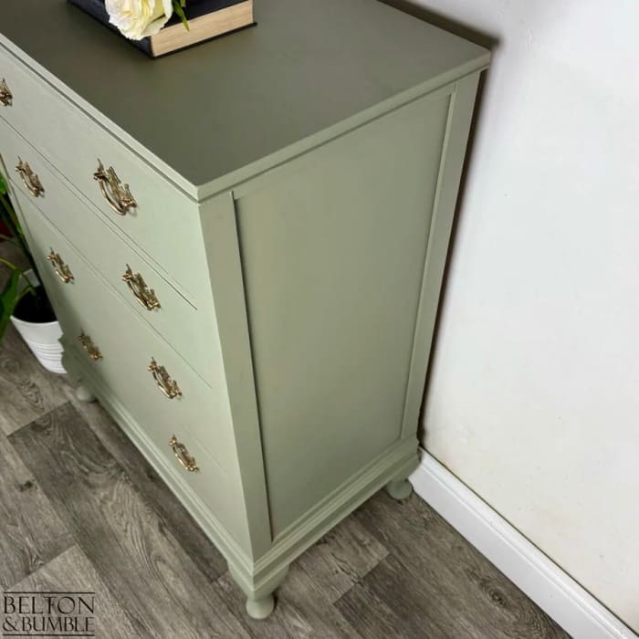 Side view of vintage mahogany chest of drawers in Arcadia Pear by Belton & Bumble, showing elegant profile