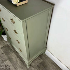 Side view of vintage mahogany chest of drawers in Arcadia Pear by Belton & Bumble, showing elegant profile