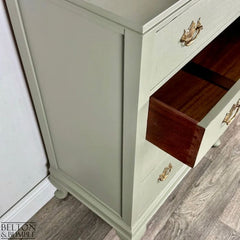 Side view of vintage mahogany chest of drawers in Arcadia Pear by Belton & Bumble, showing elegant profile