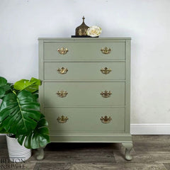 Refinished mahogany chest of drawers in Arcadia Pear, front view, by Belton & Bumble, UK upcycled furniture