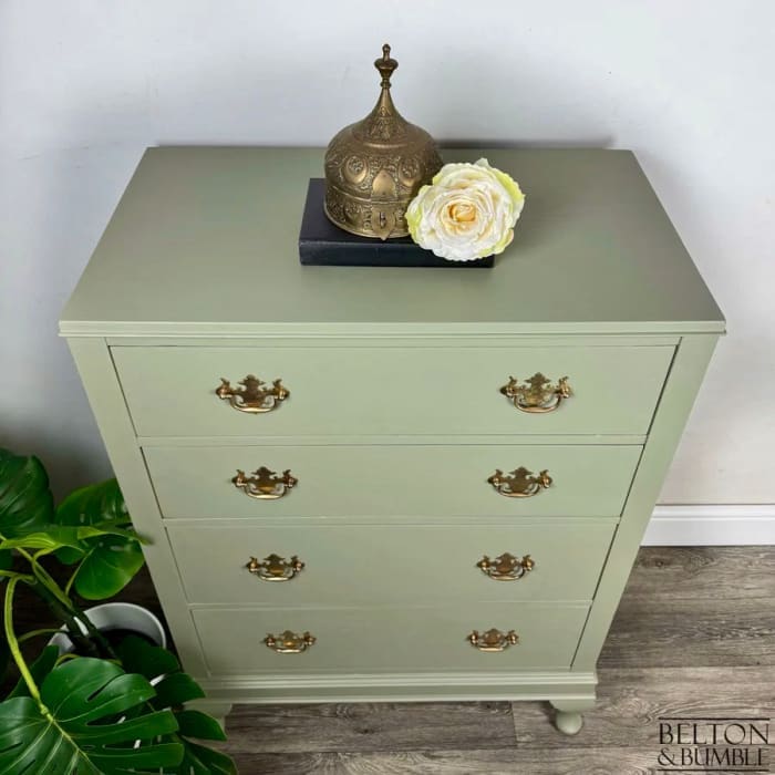 Top view of refinished mahogany chest of drawers in Arcadia Pear, artisan upcycled by Belton & Bumble