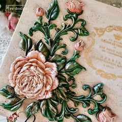 Rosewood Romance floral appliqué pieces cast from Redesign with Prima silicone mould, painted in soft peach tones for furniture upcycling