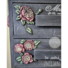 Rosewood Romance floral appliqué pieces made with Redesign with Prima silicone mould applied to chest of drawers for furniture decoration