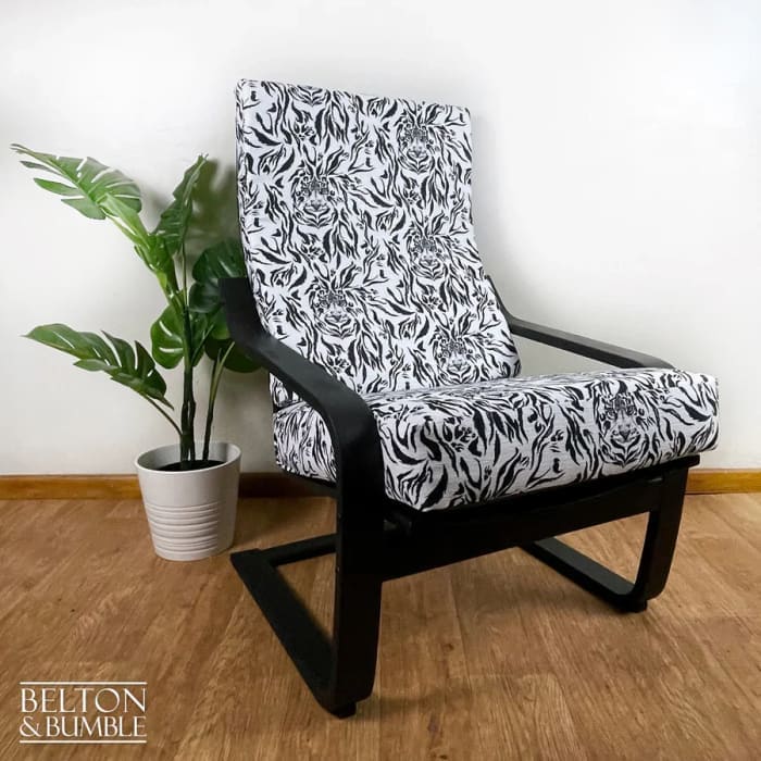 Statement accent chair, vintage rocking chair in tiger print upholstery by Belton & Bumble, UK