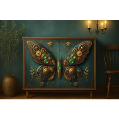 Steampunk Butterfly A1 Decoupage Paper | Mechanical Wings & Green Jewels Fantasy Industrial Art for Furniture Upcycling Projects