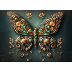 Steampunk Butterfly A1 Decoupage Paper | Mechanical Wings & Green Jewels Fantasy Industrial Art for Furniture Upcycling Projects
