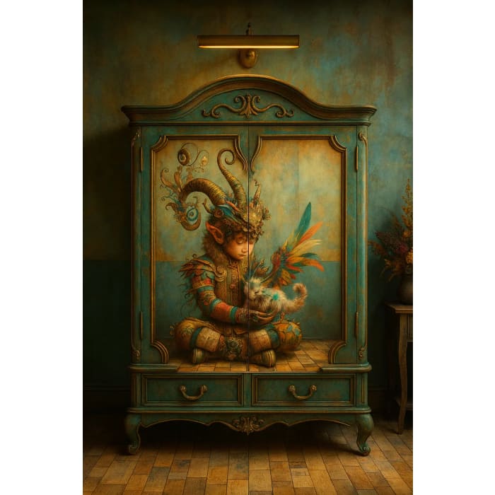A Boy and His Friend decoupage paper applied to upcycled furniture with fantasy dragon artwork