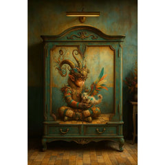 A Boy and His Friend decoupage paper applied to upcycled furniture with fantasy dragon artwork