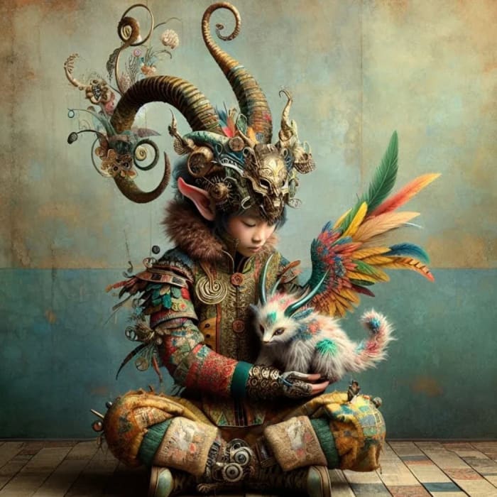 A Boy and His Friend A1 decoupage paper close-up showing fantasy boy, baby dragon and ornate horned headdress