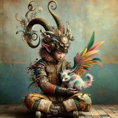 A Boy and His Friend A1 decoupage paper close-up showing fantasy boy, baby dragon and ornate horned headdress