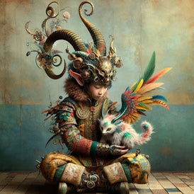 A Boy and His Friend A1 decoupage paper close-up showing fantasy boy, baby dragon and ornate horned headdress