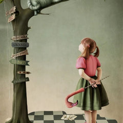 Alice and the Cat A1 decoupage paper close-up showing Alice, Cheshire Cat and Wonderland tree details