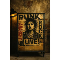 Anarchy decoupage paper applied to upcycled furniture with vintage punk rock poster design
