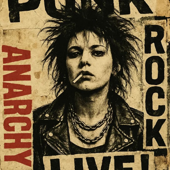 Anarchy A1 decoupage paper close-up showing punk rock female portrait and vintage poster details