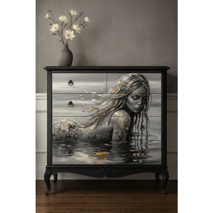 B&W Mermaid decoupage paper applied to upcycled furniture with monochrome mermaid design