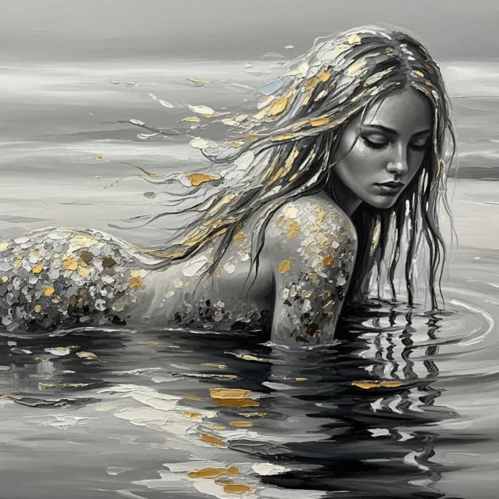 B&W Mermaid A1 decoupage paper close-up showing monochrome mermaid portrait and gold accents