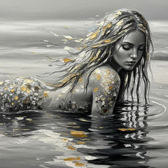 B&W Mermaid A1 decoupage paper close-up showing monochrome mermaid portrait and gold accents
