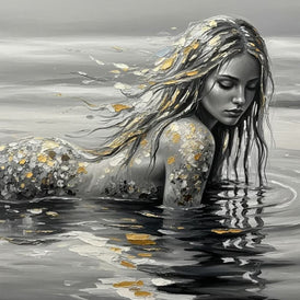 B&W Mermaid A1 decoupage paper close-up showing monochrome mermaid portrait and gold accents