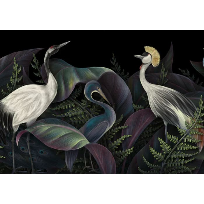 Birds of a Feather A1 decoupage paper full design featuring three herons and lush green botanical foliage