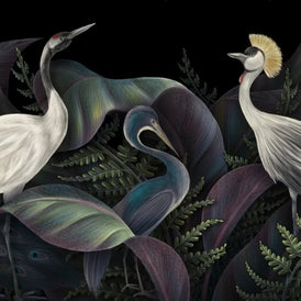 Birds of a Feather A1 decoupage paper close-up showing herons and tropical botanical details on dark background