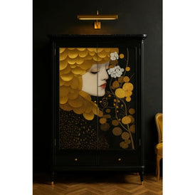 Black & Gold decoupage paper applied to upcycled furniture with abstract luxury portrait design
