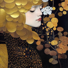Black & Gold A1 decoupage paper close-up showing abstract woman with gold petal hair and floral details