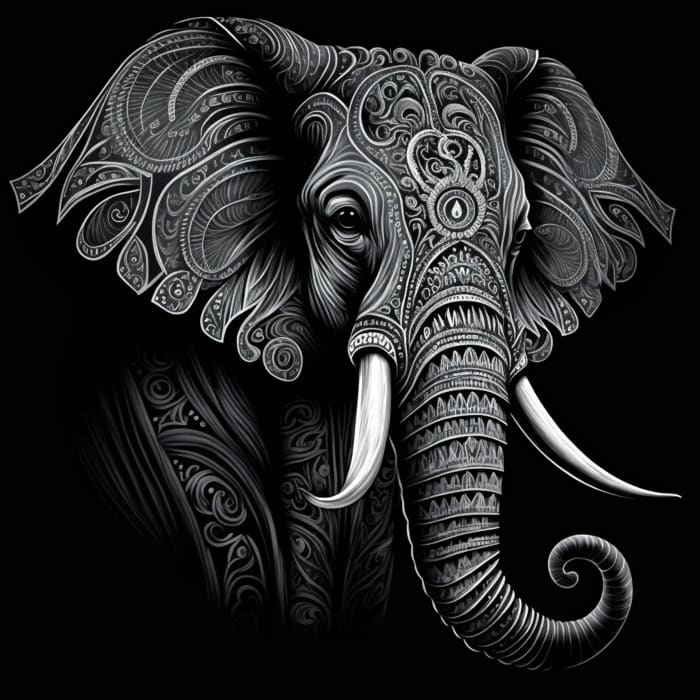 Black & White Elephant A1 decoupage paper close-up showing abstract swirly elephant face and tusks