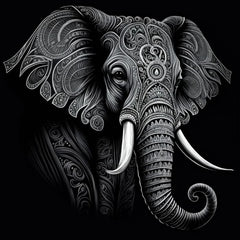 Black & White Elephant A1 decoupage paper close-up showing abstract swirly elephant face and tusks