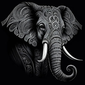 Black & White Elephant A1 decoupage paper close-up showing abstract swirly elephant face and tusks