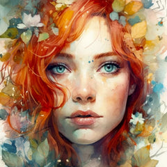 Detailed portrait from Red decoupage paper showing expressive blue eyes and soft watercolour textures