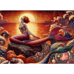 Three Yellow Goats Rising Song A1 decoupage paper featuring Art Nouveau mermaids at sunset