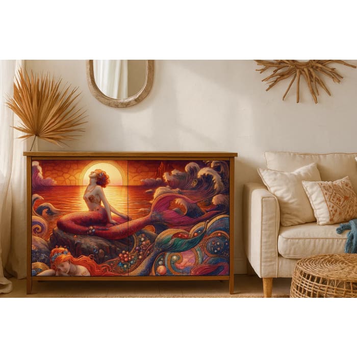 Full Rising Song A1 decoupage paper with mermaids, crashing waves and glowing sunset on the front of a sideboard
