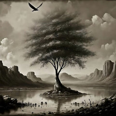 Three Yellow Goats Sepia Landscape A1 decoupage paper featuring a solitary tree on a lake surrounded by mountains