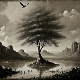 Three Yellow Goats Sepia Landscape A1 decoupage paper featuring a solitary tree on a lake surrounded by mountains