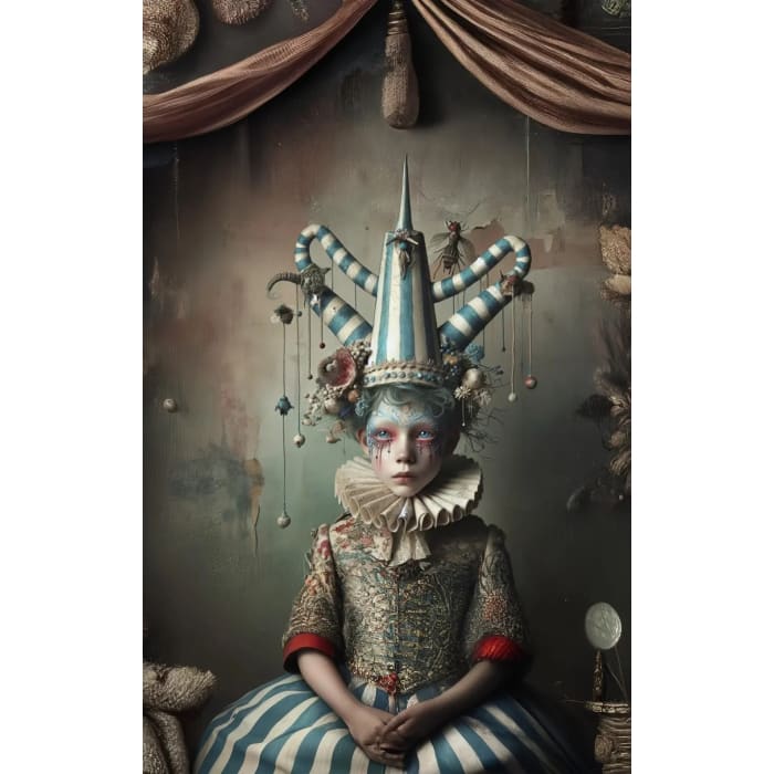 Stripes & Girl A1 decoupage paper featuring a circus performer girl in blue and white striped outfit with ornate headdress and painted face
