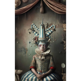 Stripes & Girl A1 decoupage paper featuring a circus performer girl in blue and white striped outfit with ornate headdress and painted face