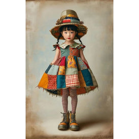 Tapestry A1 decoupage paper featuring a patchwork dressed girl with striped tights, oversized boots and straw boater hat