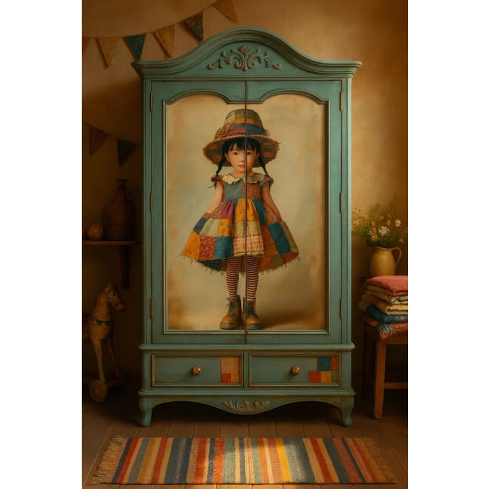 Upcycled furniture featuring Tapestry A1 decoupage paper with whimsical patchwork girl design