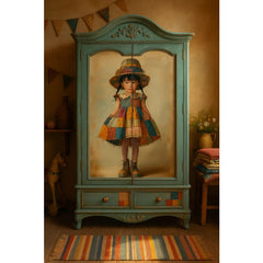 Upcycled furniture featuring Tapestry A1 decoupage paper with whimsical patchwork girl design