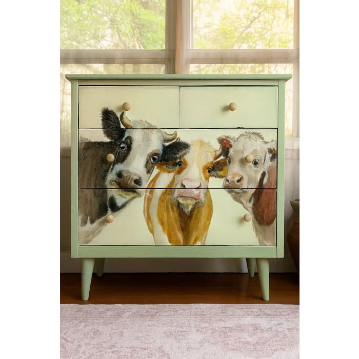 Upcycled furniture featuring Three Wise Cows A1 decoupage paper with farmhouse cow design