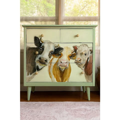 Upcycled furniture featuring Three Wise Cows A1 decoupage paper with farmhouse cow design