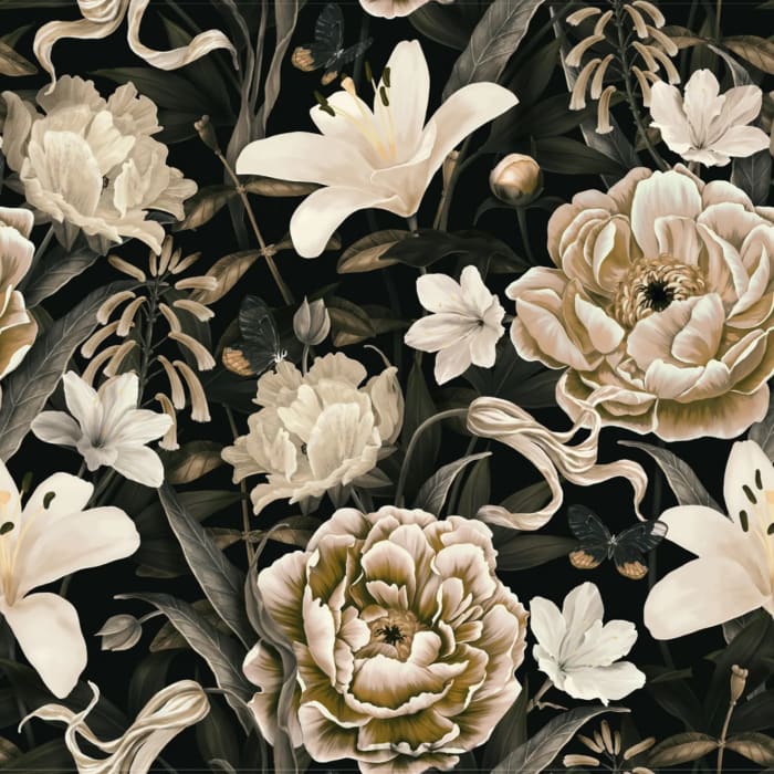 Close-up of white floral blooms and grey foliage on black background decoupage paper