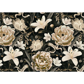 White Flowers A1 decoupage paper featuring white blooms and grey leaves on a black background