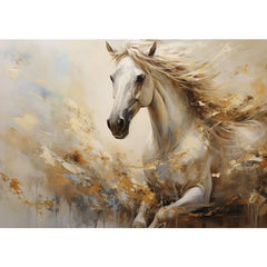 White Horse A1 decoupage paper featuring a galloping white-grey horse with flying figure and swirling grey, white and gold clouds