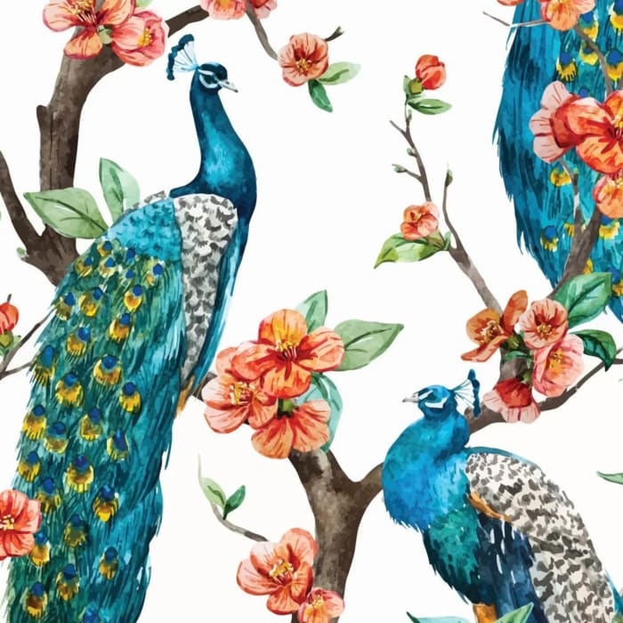 White Peacocks A1 decoupage paper featuring peacocks perched on coral blossom branches against a white background