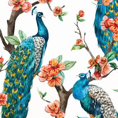White Peacocks A1 decoupage paper featuring peacocks perched on coral blossom branches against a white background