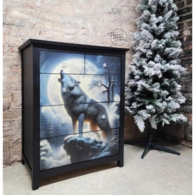 Upcycled chest of drawers decorated with Wolf moonlit wildlife decoupage paper