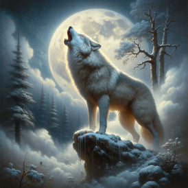 Moonlit wolf decoupage paper with fir trees, clouds and dramatic wilderness scenery